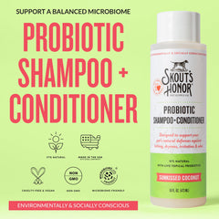Skout's Honor probiotic dog conditioner bottle highlighting hydration with omega-3s.