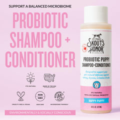 Skout's Honor probiotic shampoo and conditioner lather on a clean coat.