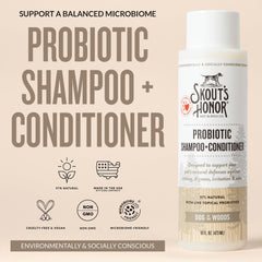 Skout's Honor probiotic dog shampoo bottle highlighting omega-3 conditioning for shine