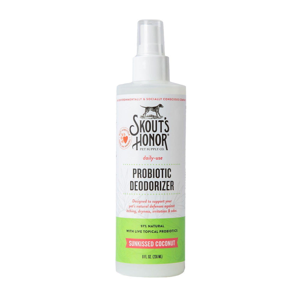 Skout's Honor probiotic pet deodorizer spray bottle front, refreshing scent and skin hydration.