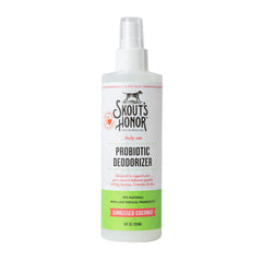 Skout's Honor probiotic pet deodorizer spray bottle front, refreshing scent and skin hydration.