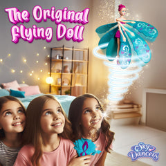 Sky Dancers Turquoise Twinkle pulled by string, unlocking imaginative flight.