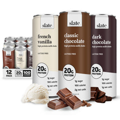 Slate Core Variety Pack cans showcase Classic Chocolate flavor for lactose-free protein.