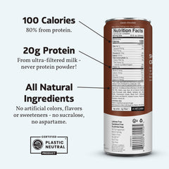 Slate Milk shake can close-up showing 20g protein and chocolate flavor