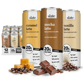 Slate Milk Energy Pack Caramel Latte can highlighting lactose-free protein for a quick boost