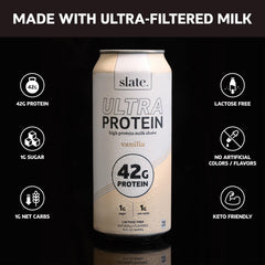 Slate Milk Ultra Protein Shake Vanilla being poured into a glass for a quick breakfast