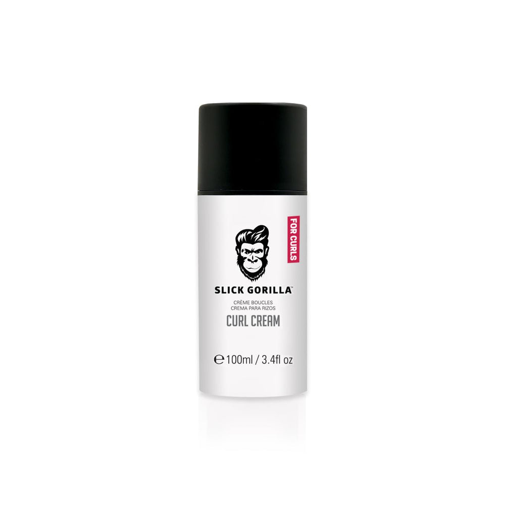 Slick Gorilla Curl Cream bottle close-up shows non-greasy hydration for defined curls.