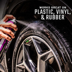 High gloss finish on vehicle trim after Slick Shine & Protectant application.