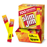 Slim Jim Original snack-size smoked sticks in a 100-count box for convenient pantry snacking.