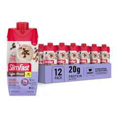 SlimFast Caramel Macchiato shake bottle showing a creamy texture for on-the-go meals.