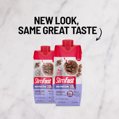 SlimFast Chocolate Shake close-up shows creamy texture and 20g protein per serving.