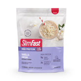 SlimFast Vanilla Cream powder container with scoop, convenient meal replacement option