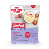 SlimFast high-protein smoothie mix plus fruit powder packaging for quick breakfast