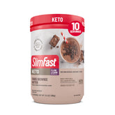 SlimFast Keto Shake poured into a glass with brownie batter flavor for keto meals