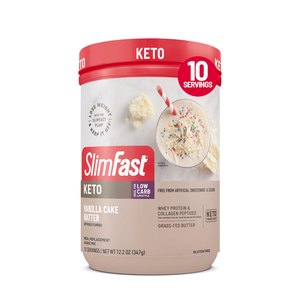 SlimFast Keto Vanilla Cake Batter powder tub highlighting keto-friendly meal replacement