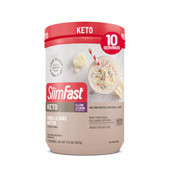 SlimFast Keto Vanilla Cake Batter powder tub highlighting keto-friendly meal replacement