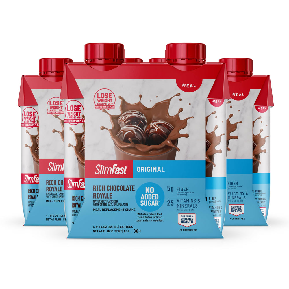 SlimFast Original Rich Chocolate Royale bottle shown for a ready-to-drink, on-the-go meal replacement.