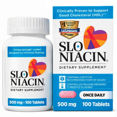 Slo-Niacin 500 mg bottle closeup illustrating steady release for heart wellness