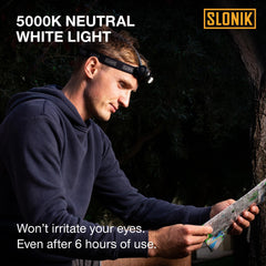 SLONIK headlamp strap-front view shows hands-free lighting for camping