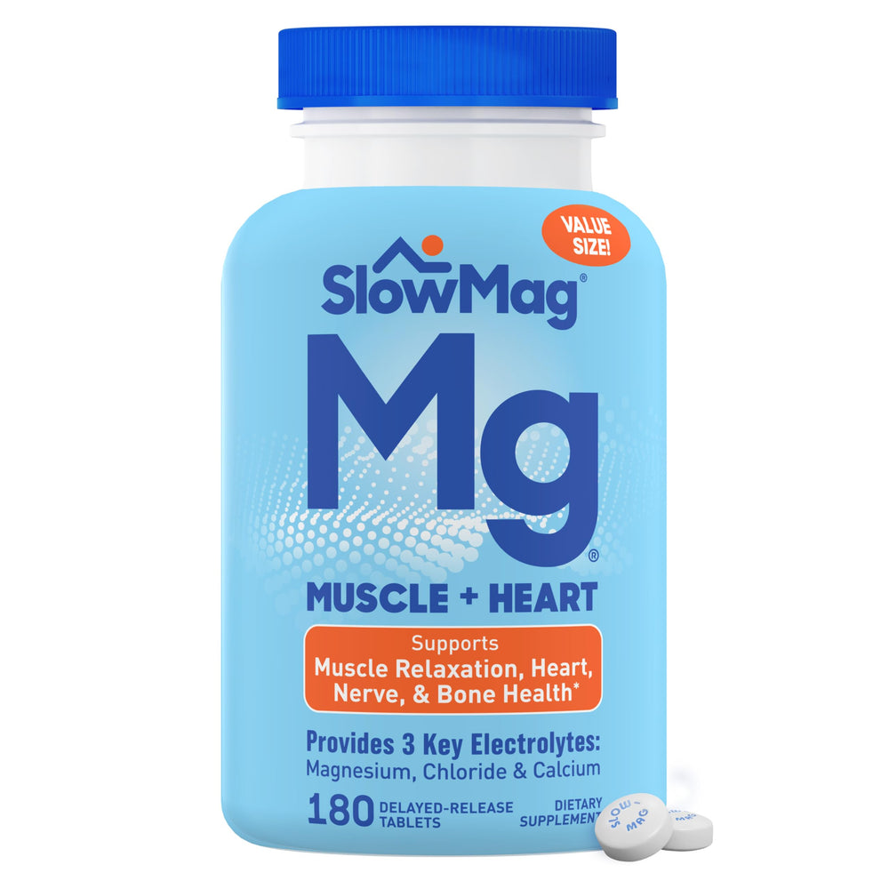 Slow-Mag muscle-relaxation tablets on a counter for daily support.