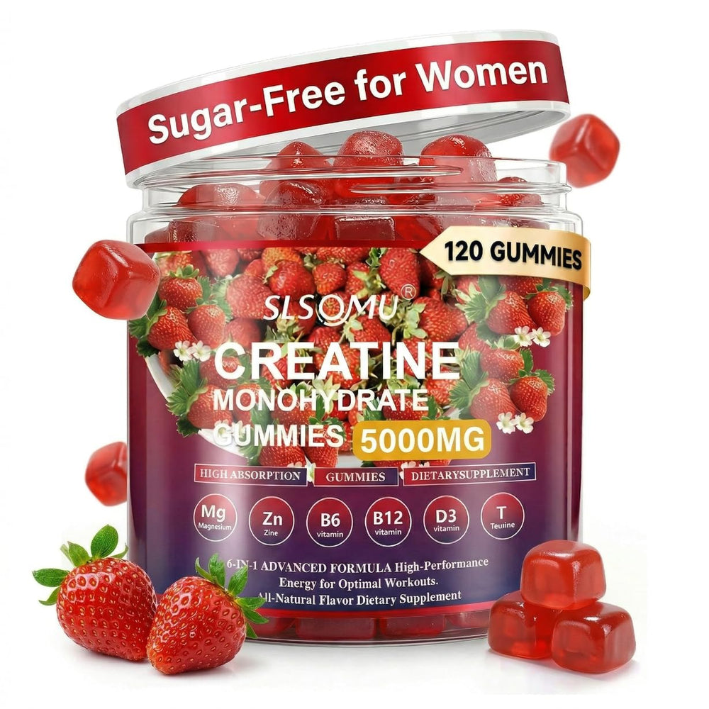 Slsomu Creatine Gummies bottle-front showing vegan, sugar-free pre-workout support.