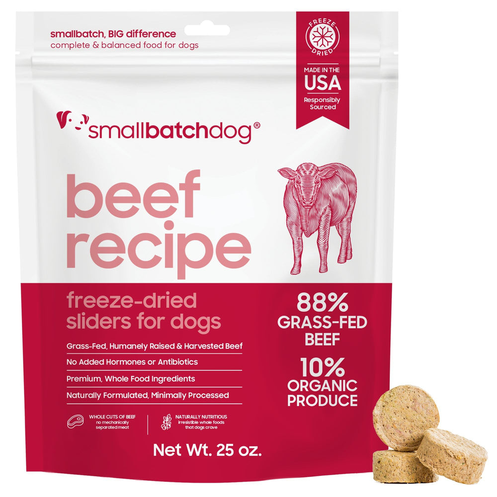 Smallbatch Pets freeze-dried beef recipe bag—grain-free, high-protein option.