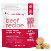 Smallbatch Pets beef recipe freeze-dried bites in a bowl, high-protein meal option.