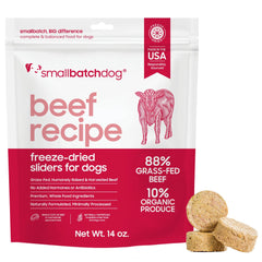 Smallbatch Pets beef recipe freeze-dried bites in a bowl, high-protein meal option.
