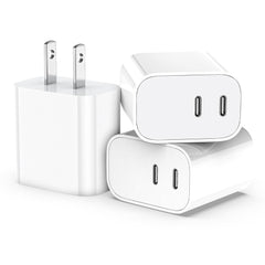 SMALLElectric USB-C charger block with dual ports for fast charging two devices on the go.