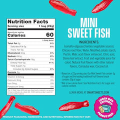 SmartSweets Mini Sweet Fish display shows 1g sugar per bag for mindful snacking
