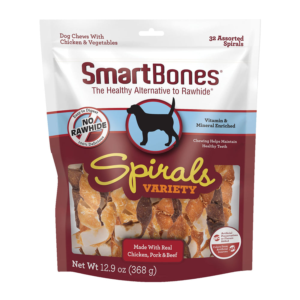 SmartBones Spirals variety pack pack shot highlighting rawhide-free chews for dogs.