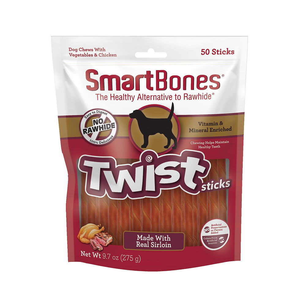 SmartBones Twist Sticks pack front highlights real sirloin and vegetables.