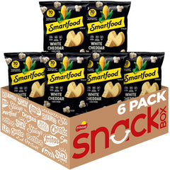 Smartfood White Cheddar popcorn pack six on shelf, convenient snack.