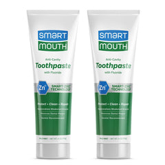 SmartMouth toothpaste tube highlighting zinc-powered cavity protection and enamel support.