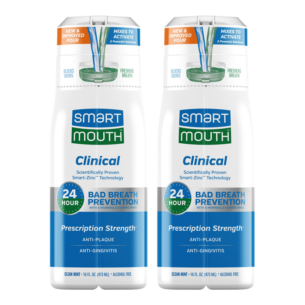SmartMouth Clinical zinc-activated mouthwash bottle for all-day fresh breath.