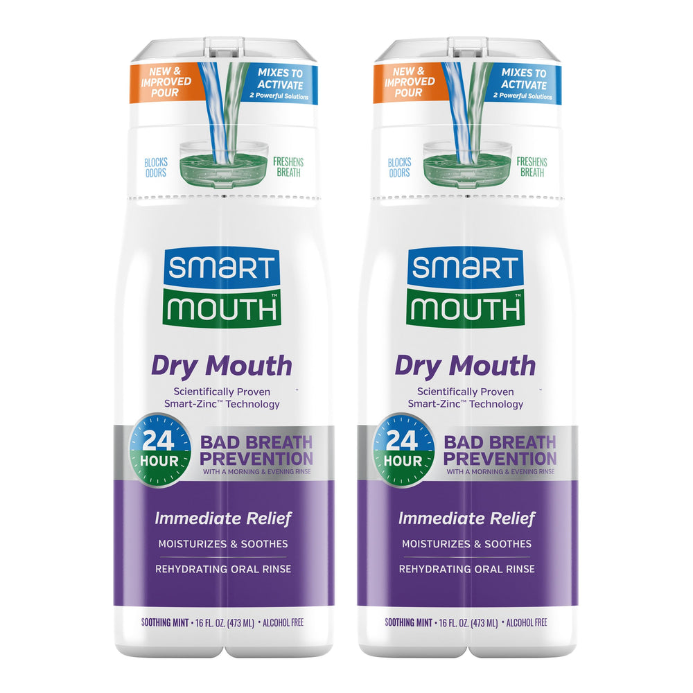 SmartMouth Dry Mouth Zinc Activated Mouthwash bottle front promotes quick hydration and fresh breath