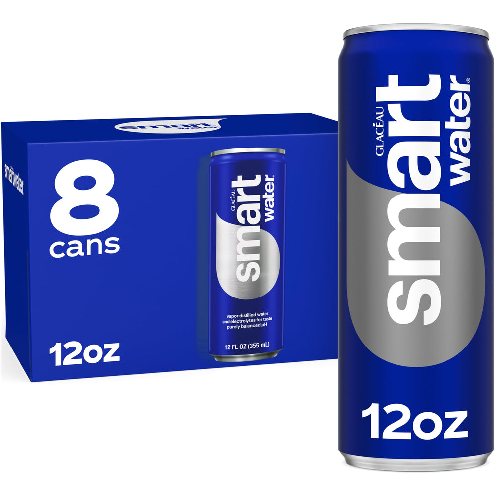 Smartwater aluminum can 12oz front view highlights portable, refreshing hydration.