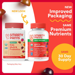 SmartyPants Organic Kids Multivitamin Gummies bottle closeup shows vibrant, kid-friendly gummies.