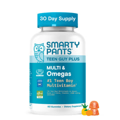 SmartyPants Teen Guy bottle shows 23 nutrients for teen daily wellness.