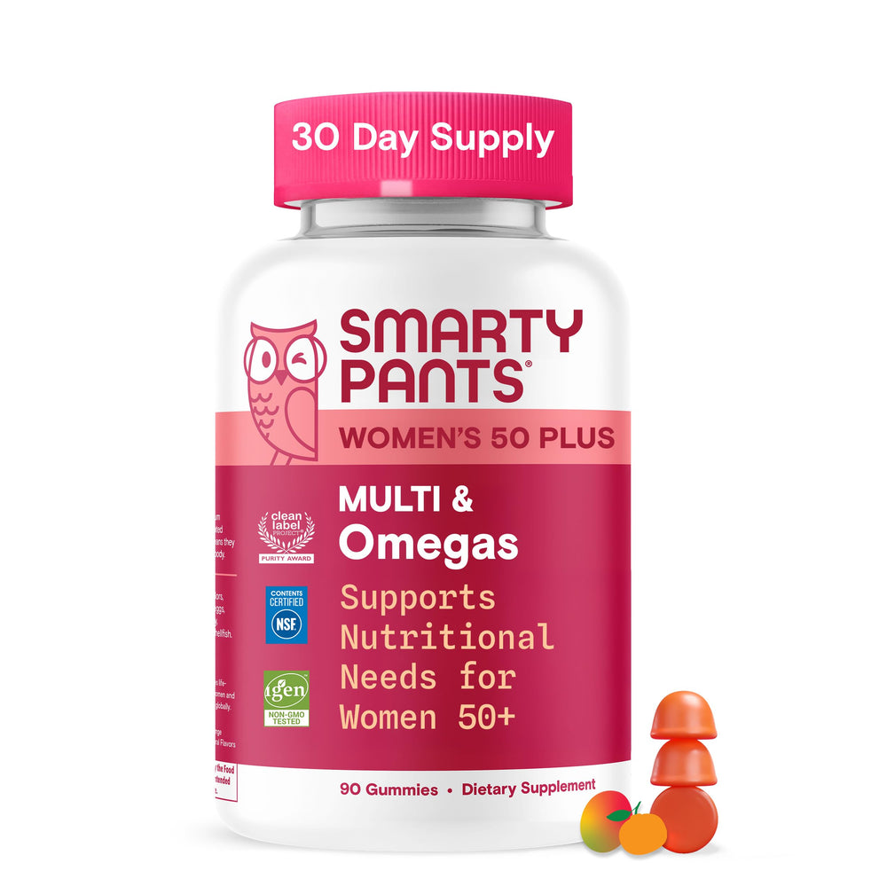SmartyPants 50+ multivitamin bottle shown for daily use.