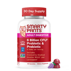 SmartyPants grape gummies bottle highlighting probiotic support for digestive balance.