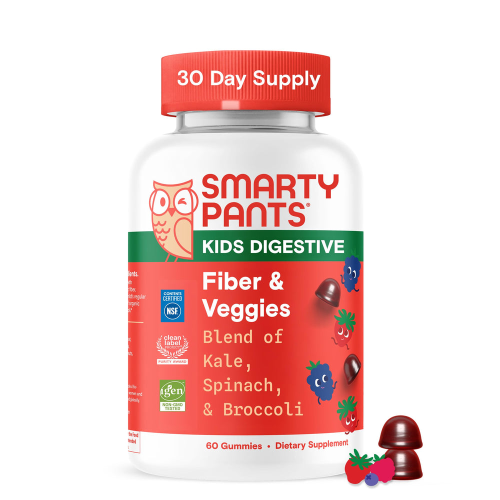 SmartyPants Kids Fiber & Veggies bottle label highlights vegan, gluten-free ingredients for families.