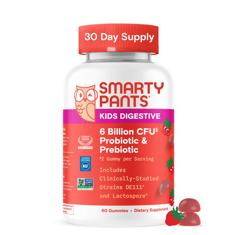 SmartyPants Kids Probiotic bottle on shelf supports digestive health.