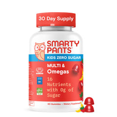 SmartyPants Kids Zero Sugar Multi Omegas bottle front displays daily nutrition for kids