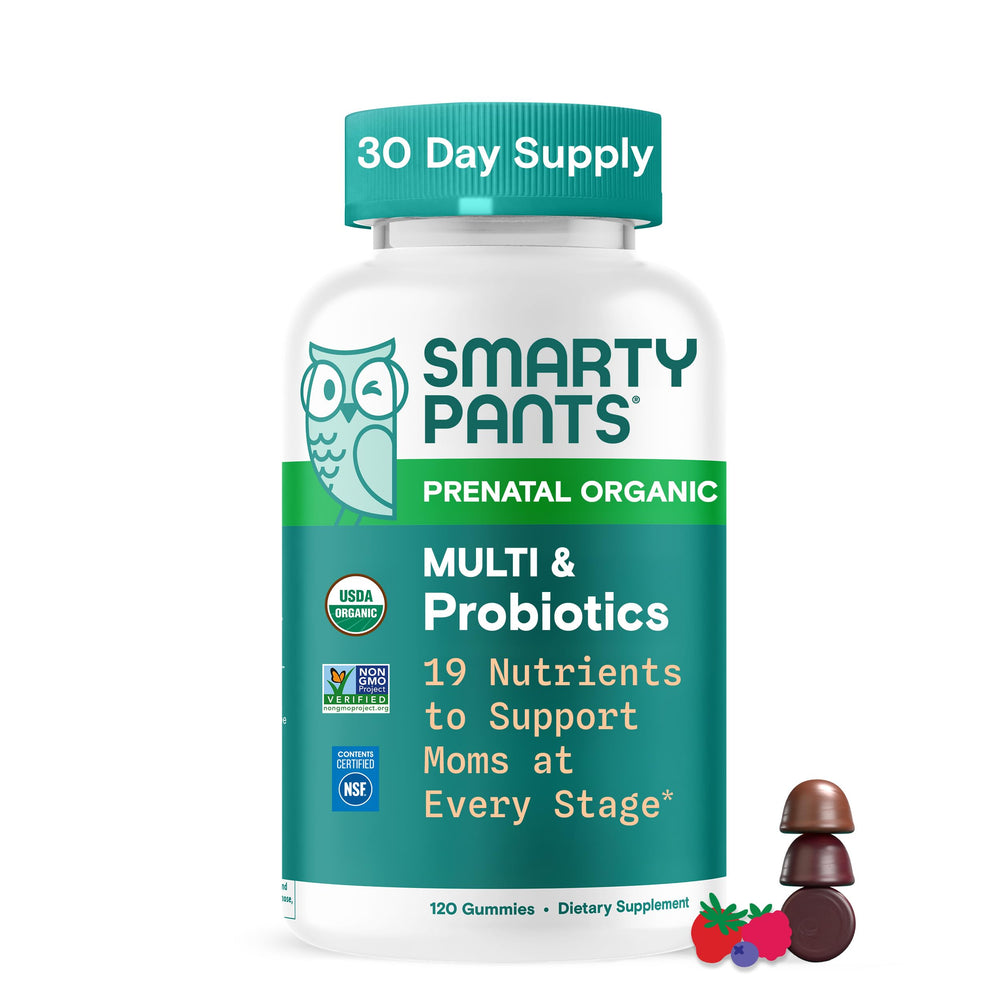 Smartypants Organic Prenatal Gummies bottle closeup highlighting the daily prenatal formula.