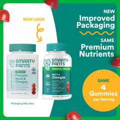 SmartyPants Organic Prenatal gummies close-up showing tasty, easy-to-take nutrition.