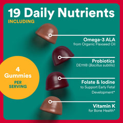 Smartypants Organic Prenatal Gummies serving plate demonstrates a four-gummy daily serving.