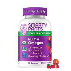 SmartyPants Organic Toddler Multi Gummies bottle for daily nutrition and growth support.