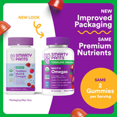 SmartyPants Organic Toddler Multi Gummies closeup of colorful berry-flavored chews.
