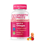 SmartyPants Women's Plus Multi & Omegas bottle highlights 21 nutrients for daily wellness.